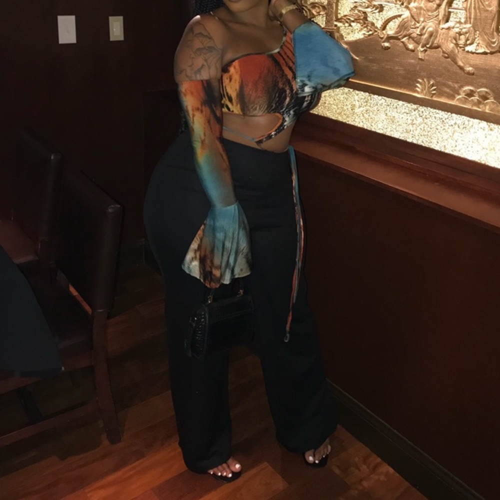 One sleeve off-shoulder wrap crop- BELL SLEEVES😍